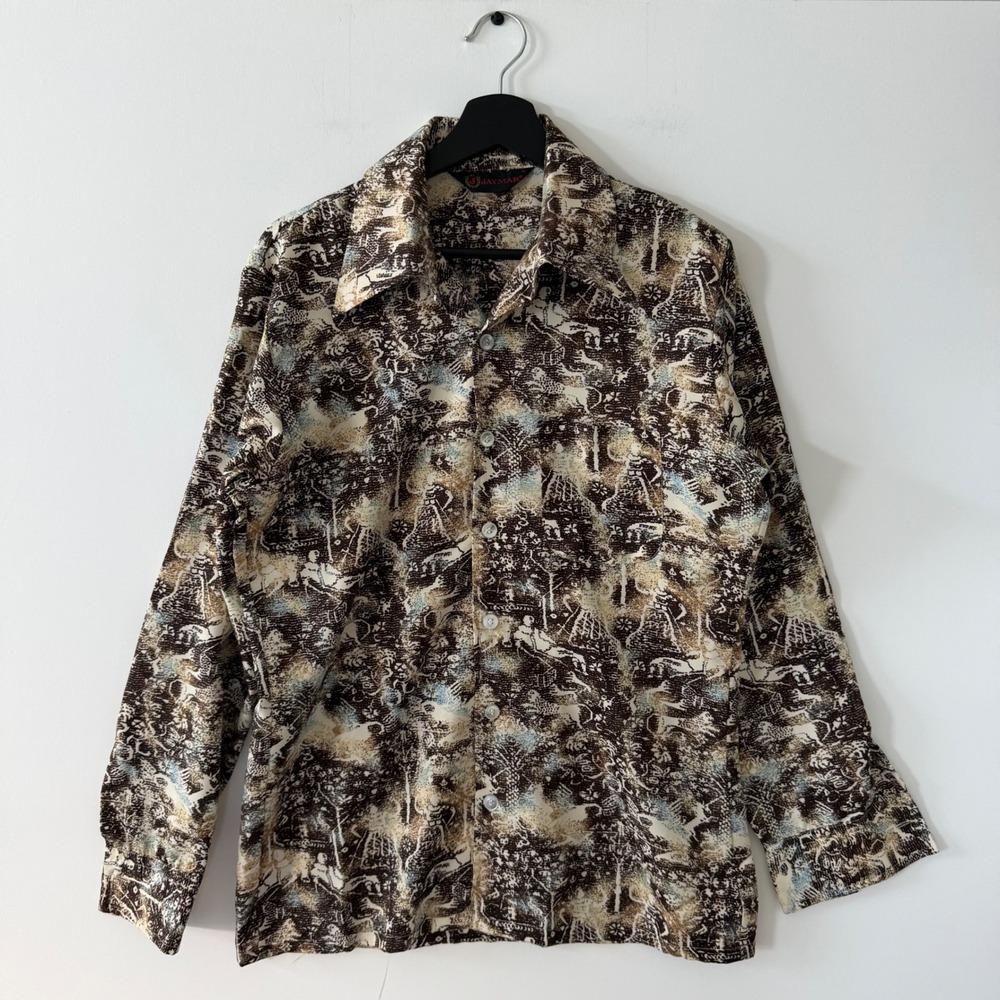 Vintage Jaymar Mens 70s Disco Shirt Brown Scenic Novelty Print Polyester M